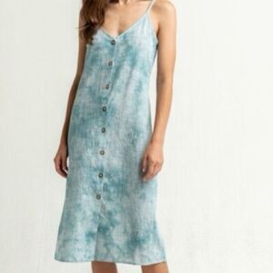 Y2K ROXY Turquoise White Striped Wild Tides Button Front Midi Slip Dress Sz L